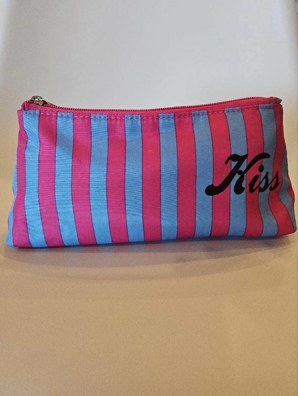 Kiss & Make Up Striped Cosmetic Pouch in Pink and Blue